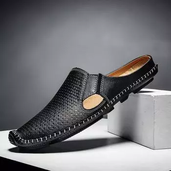 Мужские получешки, повседневные мокасины из спилковой кожи, брендовые мужские туфли-слайды Handmande, летние тапочки для вождения, дышащие, мужские на плоской подошве 38