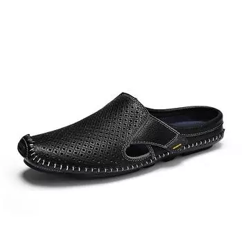 Мужские полулоферы, мужские туфли без застежек, мужские повседневные тапочки из натуральной кожи, дышащие, для вождения, брендовые мужские туфли, мокасины для мужчин 38 чёрный