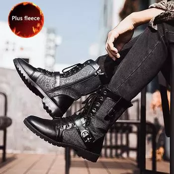 Мужские полусапоги Plus Velvet Warm Leather Boots Tooling Shoes Мужские полусапоги средней высоты Trend Party Dress Boots 39 чёрный