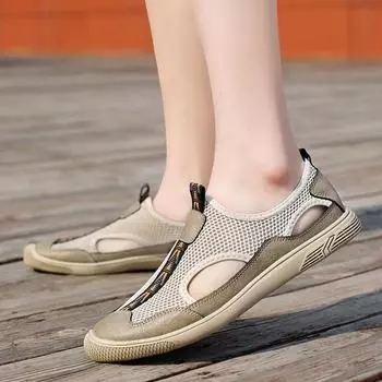 Мужские полые кожаные сандалии для пляжа и отдыха, сетчатые мужские мягкие кожаные повседневные туфли для отдыха, прочные мужские кроссовки 2024 года, новые летние кроссовки 5.5 бежевый