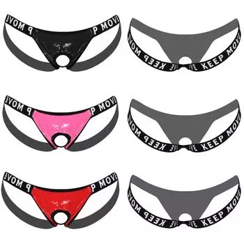 Мужские полые лакированные кожаные бандажи с Т-образной спинкой и буквенным принтом на поясе, стринги, нижнее белье M