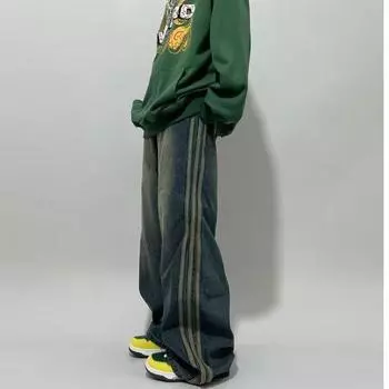 Мужские потертые джинсы American Street Retro с широкими штанинами: Свободные брюки прямого кроя XXL синий