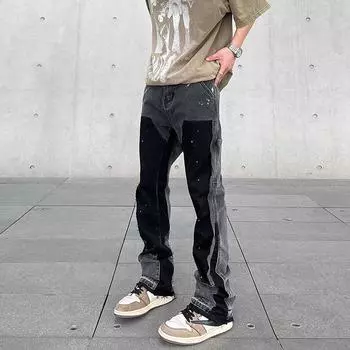 Мужские потертые расклешенные джинсы в стиле ретро с цветными блоками XL чёрный