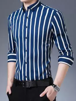 Мужские рубашки с полосатым воротником-лацканом, не требующие глажки, с длинным рукавом, эластичные, повседневные, на пуговицах, для официальных случаев 39 белый