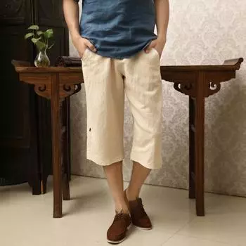 Мужские повседневные брюки 3/4 из хлопка и льна, однотонные шорты с карманами, дышащие, быстросохнущие, спортивные шорты для бега, повседневная одежда для пляжа L светло-зеленый