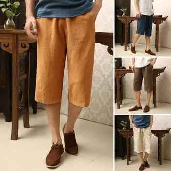 Мужские повседневные брюки 3/4 из хлопка и льна, однотонные шорты с карманами, дышащие, быстросохнущие, спортивные шорты для бега, повседневная одежда для пляжа L жёлтый