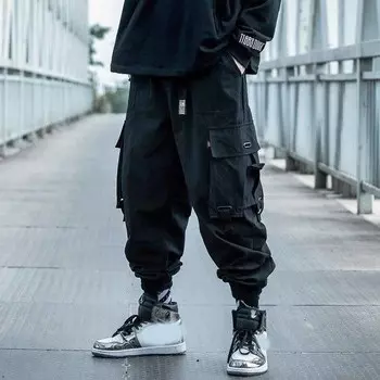 Мужские повседневные брюки больших размеров для весны и осени, свободные рабочие брюки в стиле хип-хоп с завязками, брюки-харен 4XL чёрный