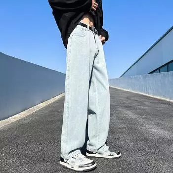 Мужские повседневные брюки больших размеров, свободные выстиранные джинсы, прямые джинсы с широкими штанинами