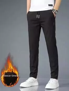 Мужские повседневные брюки большого размера в корейском стиле с бархатной подкладкой для модных тенденций осени/зимы 8812Zigone, XL чёрный