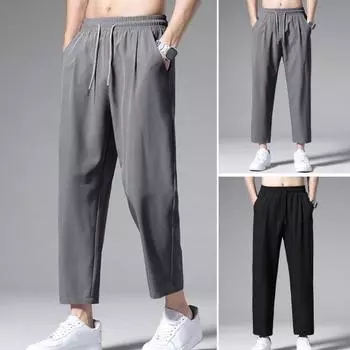 Мужские повседневные брюки до щиколотки, прямые широкие брюки с эластичной резинкой на талии, ледяной шелк, дышащая, быстросохнущая, мешковатая уличная одежда-карго с карманами 3XL чёрный