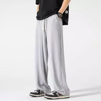 Мужские повседневные брюки из однотонного ледяного шелка, новые мужские летние свободные длинные брюки с прямыми трубками, мужские спортивные брюки M чёрный