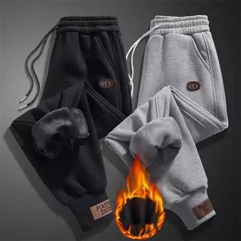 Мужские повседневные брюки из плотного теплых флиса со средней талией, модные брюки Harun, зимние и осенние стили, свободные брюки L чёрный