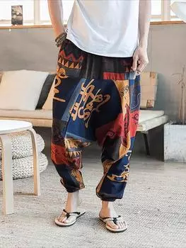 Мужские повседневные брюки из полиэстера в этническом стиле с винтажными узорами, свободный крой, эластичный пояс, манжеты на щиколотке, удобные брюки для всех сезонов M красный