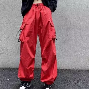 Мужские повседневные брюки-карго с широкими штанинами, множеством карманов, эластичным поясом и шнурком, длинные брюки, свободные спортивные комбинезоны в стиле хип-хоп S чёрный