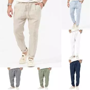 Мужские повседневные брюки льняные брюки пляжные брюки с завязками на резинке на талии простые удобные дышащие повседневные брюки S белый