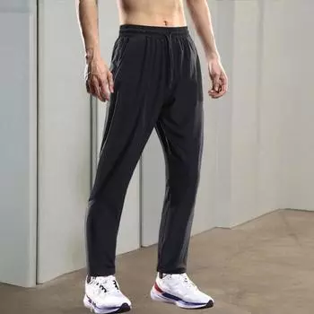 Мужские повседневные брюки, однотонные брюки для бега, спортивная одежда, спортивные штаны для бега, дышащие брюки с карманами, быстросохнущий тонкий спортивный костюм, эластичный для спортзала M чёрный