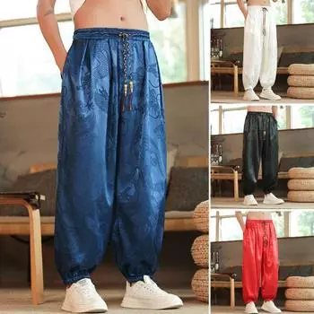 Мужские повседневные брюки с этническим винтажным принтом, эластичным поясом, многокарманным дизайном, спортивный стиль XXL чёрный