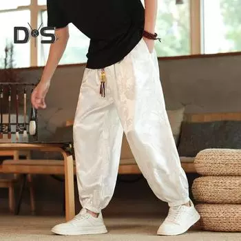 Мужские повседневные брюки с этническим винтажным принтом, эластичным поясом, многокарманным дизайном, спортивные брюки, шаровары, повседневная одежда XXL темно-синий