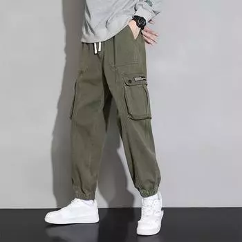 Мужские повседневные брюки с карманами с клапанами и поясом с завязками по бокам, свободные повседневные брюки 8XL чёрный