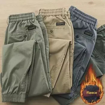 Мужские повседневные брюки с манжетами из хлопка, осенне-зимняя гамма - однотонные, с эластичной резинкой на талии, рабочий комбинезон 4XL