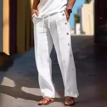 Мужские повседневные брюки, свободные боковые карманы, эластичный пояс на шнурке, застежка на пуговицы сбоку, быстросохнущие, однотонные, для тренировок в спортзале, пляжные спортивные брюки, длинные брюки L чёрный