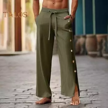 Мужские повседневные брюки, свободные боковые карманы, эластичный пояс на шнурке, застежка на пуговицы сбоку, быстросохнущие, однотонные, для тренировок в спортзале, пляжные спортивные брюки, длинные брюки L чёрный