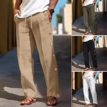 Мужские повседневные брюки, свободные боковые карманы, эластичный пояс на шнурке, застежка на пуговицы сбоку, быстросохнущие, однотонные, для спортзала L чёрный