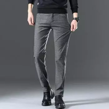 Мужские повседневные брюки в клетку, офисные брюки со средней посадкой, однотонные универсальные деловые брюки 38 чёрный