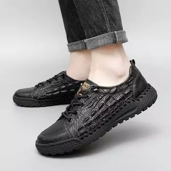 Мужские повседневные деловые кожаные туфли с модным узором под крокодила. Повседневные, офисные и для отдыха, для прогулок, для вождения. Мужские туфли. 38 чёрный