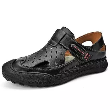 Мужские повседневные дышащие мягкие сандалии из натуральной кожи с ручной строчкой 38 чёрный