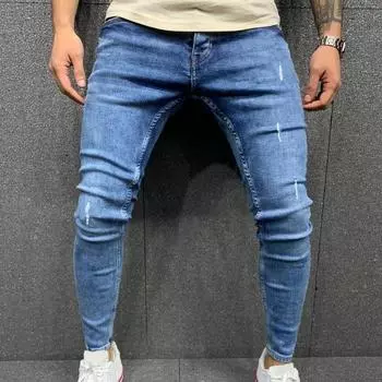 Мужские повседневные джинсы Джинсы скинни Мужские модные эластичные брюки с потертостями до икры S синий