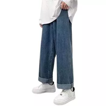Мужские повседневные джинсы с эластичной резинкой на талии, широкие джинсовые брюки с карманами, дизайнерские повседневные брюки в уличном стиле, уличная одежда M светло-синий