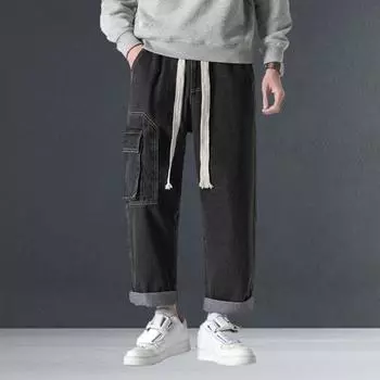 Мужские повседневные джинсы с эластичной завязкой на талии, прямые широкие джинсовые брюки с несколькими карманами, дизайн 4XL чёрный