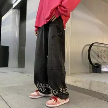 Мужские повседневные джинсы с пламенным узором, большие карманы, длинные брюки, прямые широкие брюки, уличные джинсовые брюки, вызывающие беспокойство M синий