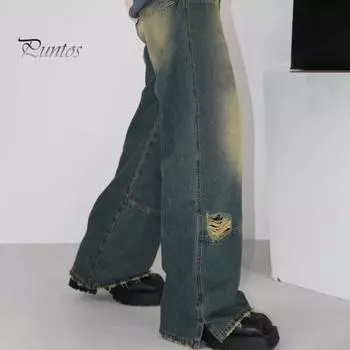 Мужские повседневные джинсы в стиле ретро со средней посадкой и карманами, широкие длинные джинсовые брюки в стиле хип-хоп с рваными дырками, промываемые S синий