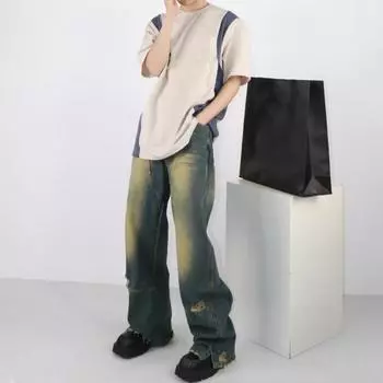Мужские повседневные джинсы в стиле ретро со средней посадкой и карманами, широкие длинные джинсовые брюки в стиле хип-хоп S синий