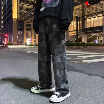 Мужские повседневные джинсы в стиле ретро со средней посадкой и эластичными карманами на талии, джинсовые брюки, джинсы с неравномерным квадратным узором, прямые широкие брюки XXL чёрный