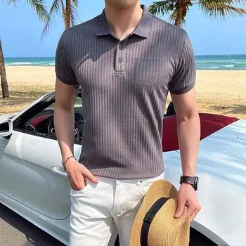 Мужские повседневные футболки с лацканами, летняя пляжная рубашка, мужская футболка, высокоэластичные топы с короткими рукавами, футболки, мужская одежда, уличная одежда EU S синий
