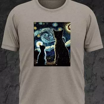 Мужские повседневные графические футболки для лета с принтом «Кошки смотрят на ночное небо» Футболки с круглым вырезом Трендовый шикарный наряд Мужская одежда S