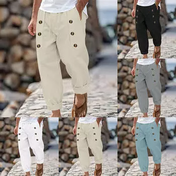 Мужские повседневные хлопковые льняные брюки с несколькими пуговицами, свободные брюки, модные гавайские пляжные брюки, удобные модные S белый