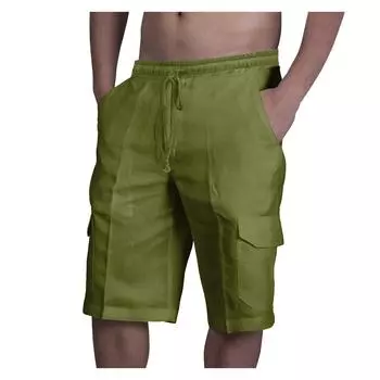 Мужские повседневные хлопковые льняные шорты с несколькими карманами, пляжные брюки для фитнеса и упражнений M светло-синий