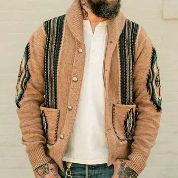 Мужские повседневные кардиганы, свитера, винтажный воротник-шалка, длинный рукав, трикотажные кардиганы на пуговицах с карманами, свитера для осени и зимы, трикотажная верхняя одежда для мужчин M коричневый