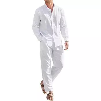 Мужские повседневные комплекты из двух предметов из хлопка и льна, пляжные винтажные базовые рубашки и брюки, однотонный повседневный костюм, мужской спортивный костюм Hawai S чёрный