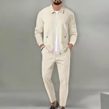 Мужские повседневные комплекты из двух предметов с вафельными брюками, свободные комплекты пальто и брюк на молнии с лацканами для мужской одежды, осенние модные комплекты для мужчин L чёрный