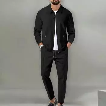 Мужские повседневные комплекты из двух предметов с вафельными брюками, свободные комплекты пальто и брюк на молнии с лацканами для мужской одежды, осенние модные комплекты для мужчин S хаки