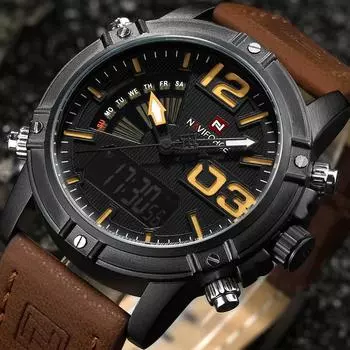 Мужские повседневные коричневые кожаные спортивные часы Naviforce, модные цифровые кварцевые наручные часы с двойным дисплеем чёрный