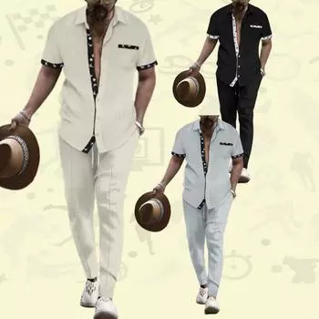 Мужские повседневные костюмы из вафельной ткани, свободные спортивные комплекты в клетку, рубашки с короткими рукавами, брюки, мужской спортивный костюм S белый