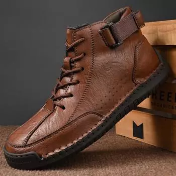 Мужские повседневные кожаные ботинки, высокие уличные туфли, кроссовки с мягкой подошвой 39 чёрный