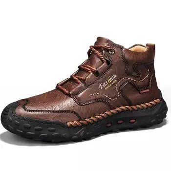 Мужские повседневные кожаные мокасины ручной работы, повседневная обувь, высокие кожаные зимние спортивные ботинки для мужчин, мягкие и удобные нескользящие ботильоны с хлопковой подкладкой 38 чёрный