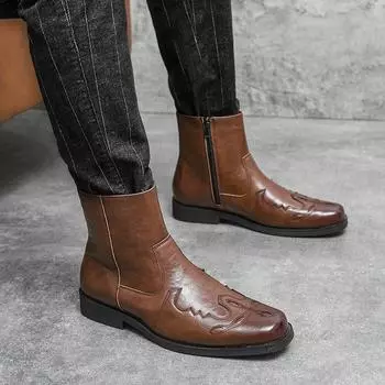 Мужские повседневные кожаные мотоциклетные нескользящие ботинки с боковой молнией 2024 года, новые модные туфли челси в британском стиле с круглым носком, большие размеры 38-46 38 чёрный